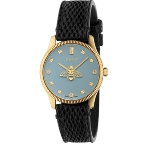 Gucci woman’s swiss G timeless slim diamond Black Leather Strap Watch 29mm